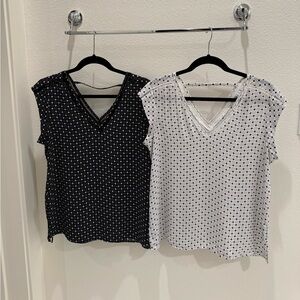 DR2 Polka Dot V-Neck Women's Tops - Black and White size medium